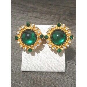 Green Clear Rhinestone Green Cabachon Gold Tone Vintage Clip On Earrings